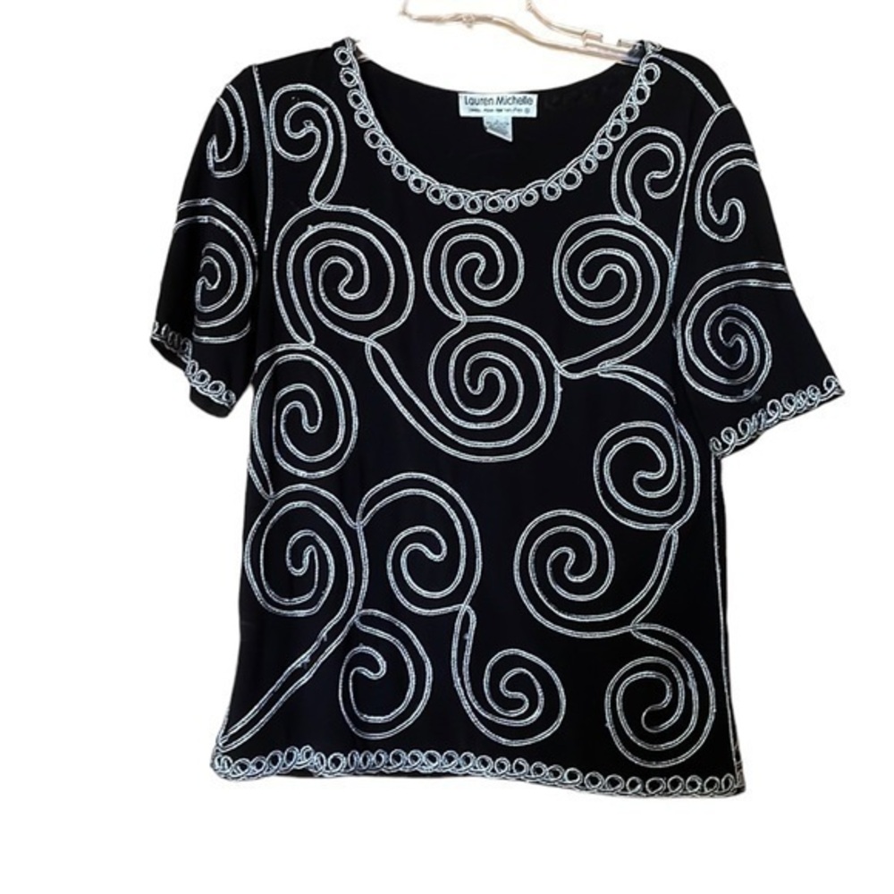 Lauren Michelle Vintage Embroidered‎ Top Black Silver Swirl Glam Party Large